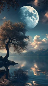 Moonlit lakeside tree rests beneath an enormous twilight moon