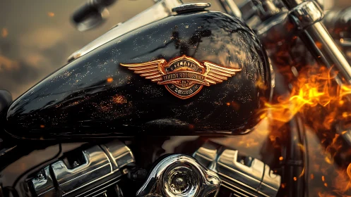 Custom black motorcycle tank with flaming reflective finish.