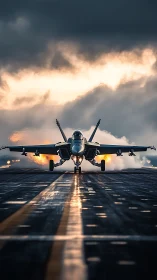 Carrier-based strike fighter on vapor-shrouded deck at dawn.