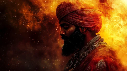 Ember-crowned mystic in blazing saffron storm of light.