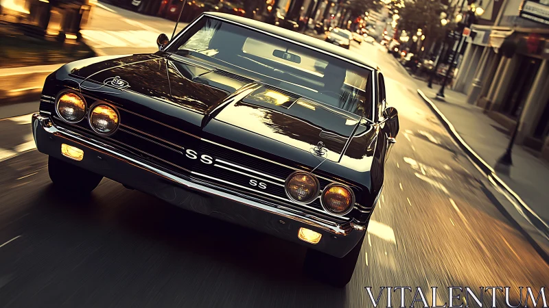 Classic black SS muscle car moves through urban street