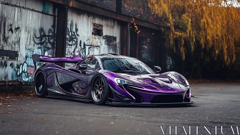 Purple widebody hypercar beside weathered graffiti wall.