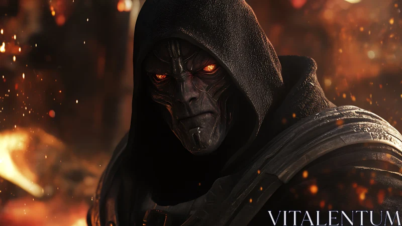 Armored dark warlord glares through burning embers