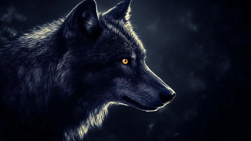 Side profile of dark wolf with luminous golden eye.