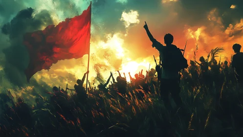 Rebel crowd advances beneath blazing sunrise sky.