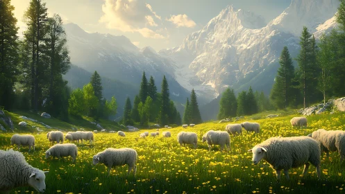 Sheep grazing on alpine meadow before distant snow peaks.