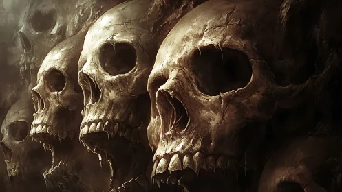 Row of decayed human skulls in dim, atmospheric lighting.