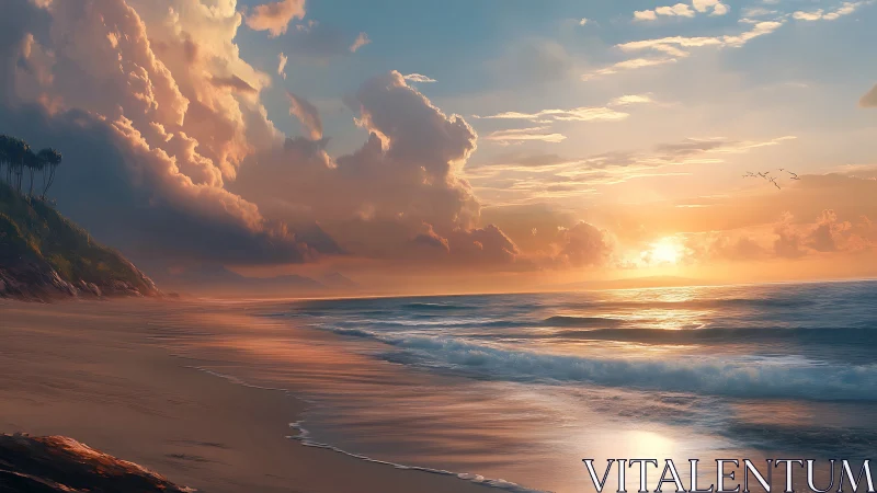 Golden sunrise light washes tranquil tropical shoreline.