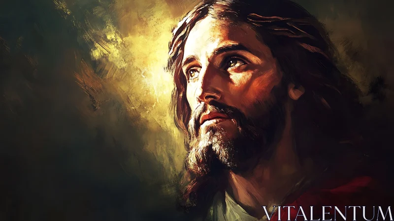 Chiaroscuro devotional portrait with radiant edge lighting.