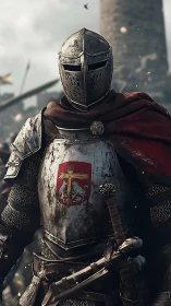 Stormworn crusader waits amid swirling embers of siege.