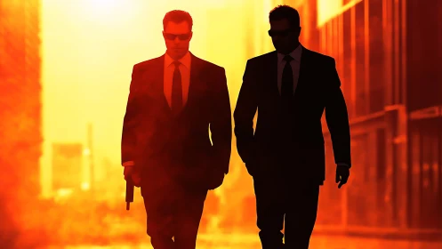 Two suited men walk through orange city street backlight