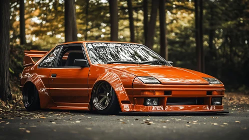 Stanced orange 1980s JDM coupe with widebody kit in forest setting