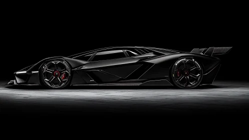 Matte black low-profile supercar in side view profile.