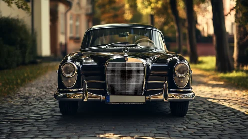 Graceful vintage sedan shining on a sunlit cobblestone lane.