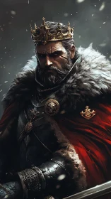 Brooding winter king wrapped in fur, steel, and crimson light.