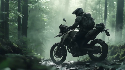 Adventure biker pauses in misty forest trail light.