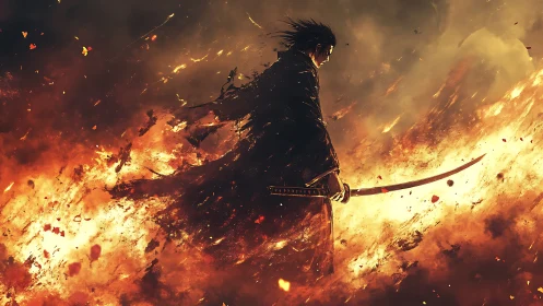 Lone samurai confronts an inferno with burning resolve.