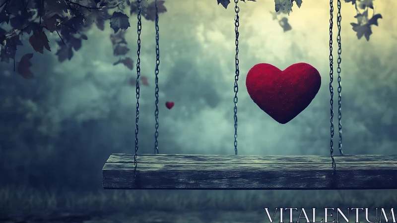 Red heart suspended from metal chains on wooden swing