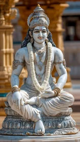 Marble deity statue in seated pose with ornate adornment.