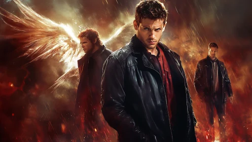 Brooding leather clad man amid fire, wings and rain.