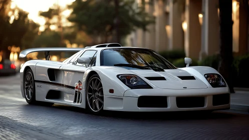 Low-slung white track-focused supercar in evening urban light