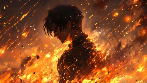 Silhouetted anime warrior emerges amid dynamic fiery debris