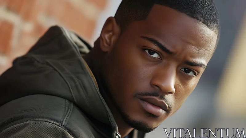 Steady urban stare against brickwork blur and quiet light.