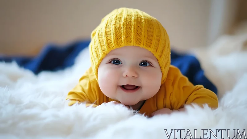 Joyful infant in mustard knit beanie and soft textures portrait.