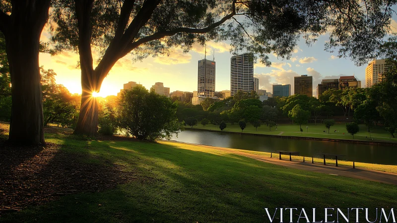Sunlit urban parkland with riverfront skyline perspective.