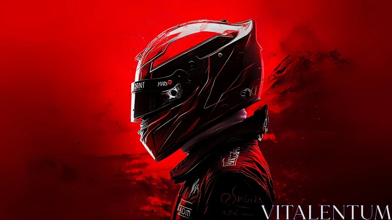 Profile view shows racing driver in helmet against red backdrop