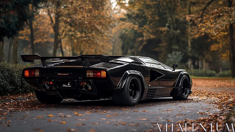 Rear-quarter profile of black Lamborghini Countach in autumn park.