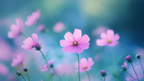 Soft-focus pink cosmos flowers rendered in photoreal light