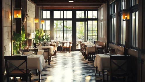 Sunlit fine dining corridor with modern rustic interior design