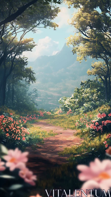 Atmospheric forest corridor with foreground flowering path and mountains