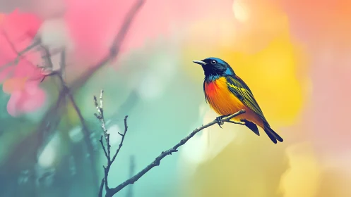 Multicolor passerine on branch with gradient bokeh field.
