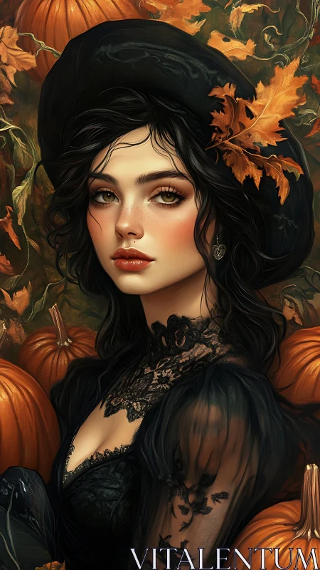 Autumn witch resting softly among golden pumpkins and leaves.