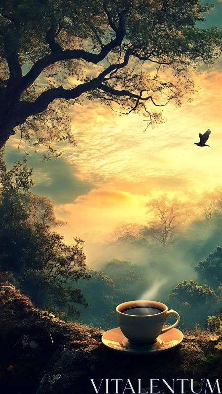 Coffee cup on forest ledge under layered morning sky.