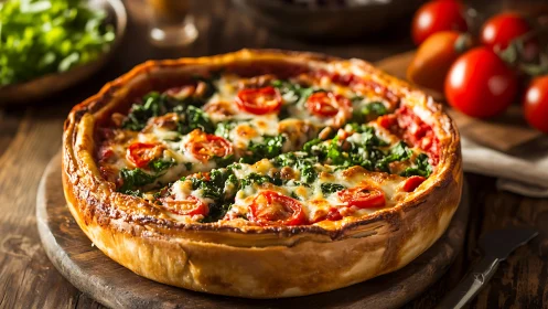 Deep-dish vegetable pizza rests on rustic wooden board