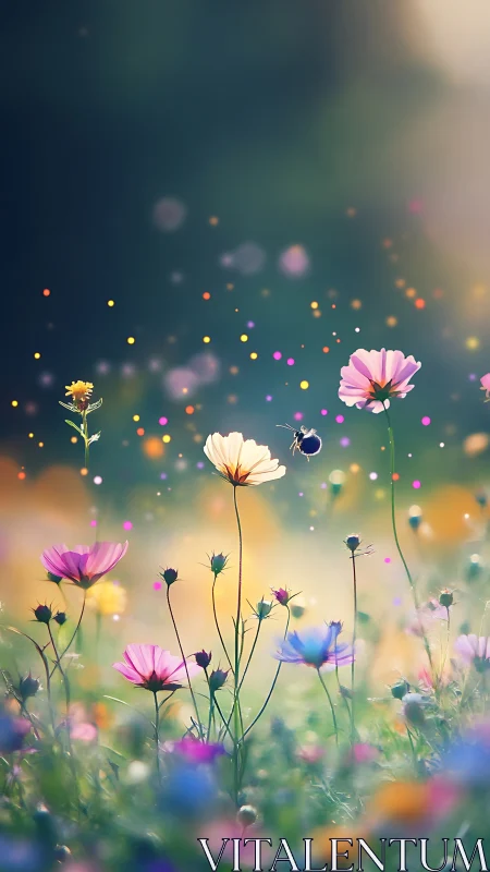 Soft-focus wildflower field with colorful blooms and bokeh particles.