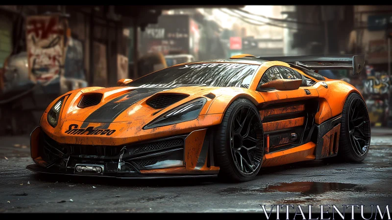 Street-tuned orange supercar gleaming in a gritty alley.