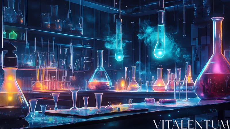 Neon chem lab with glowing flasks in cinematic low key light.