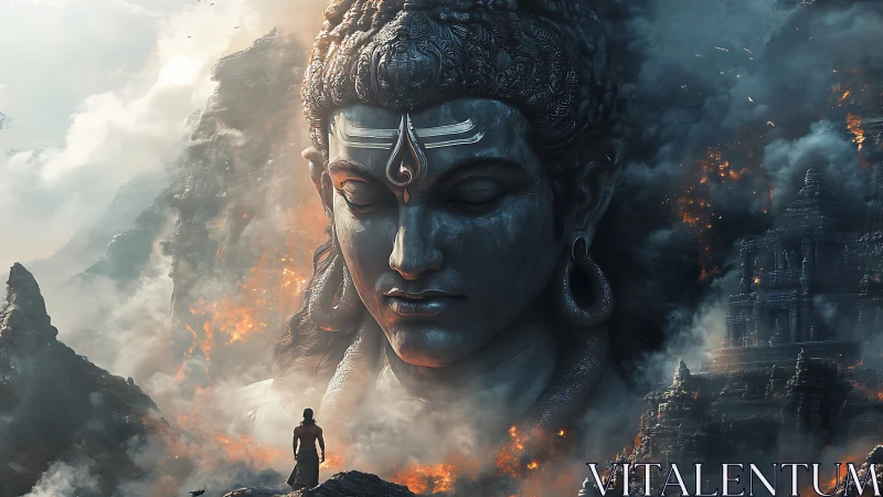 Colossal mountain deity dreaming over ember-lit temples.