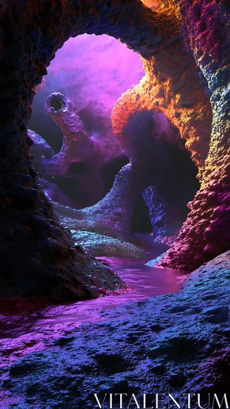 Luminous cave river winding through neon dream tunnels.