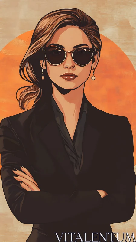 Stylized woman in black suit against bold orange backdrop