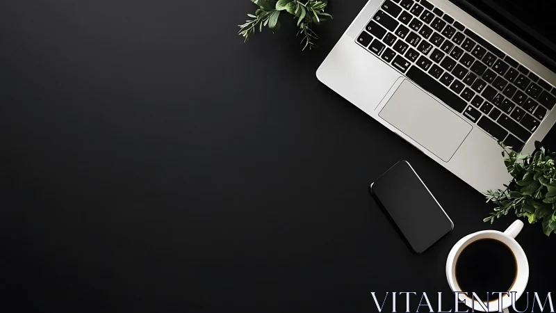 Photorealistic minimalist workspace with laptop and coffee mug.