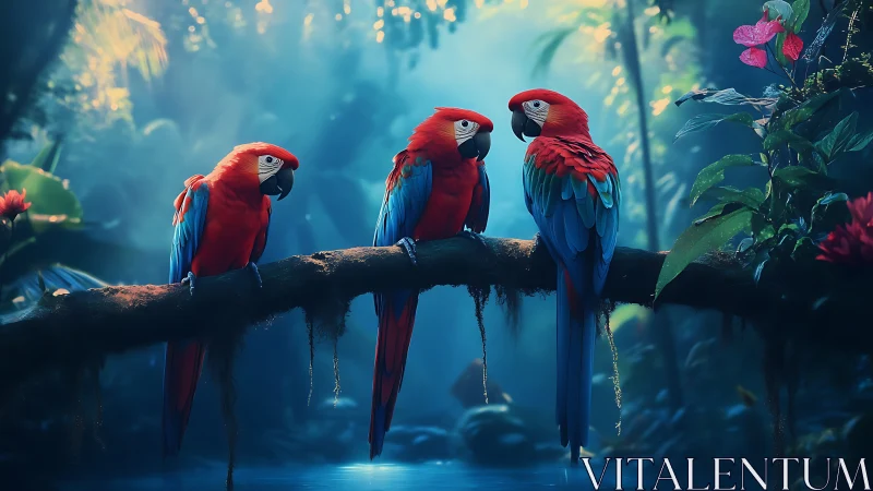 Three scarlet macaws perch on a mossy branch in dense forest