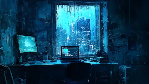 Nocturnal cyberpunk workstation facing neon drenched cityscape