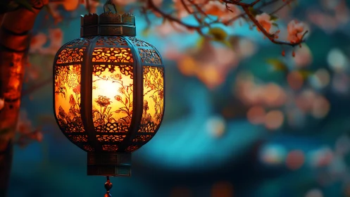 Chinese lantern glowing among cherry blossoms at dusk.