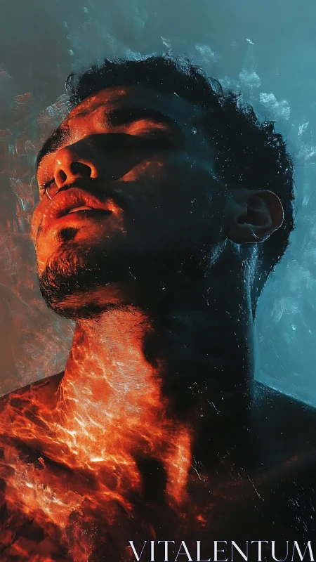 Surreal male portrait fused with fire and ocean light.