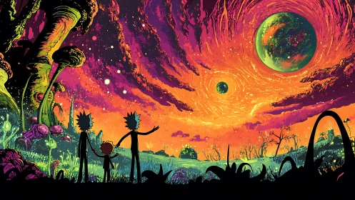 Neon alien landscape under swirling twin planets at dusk.